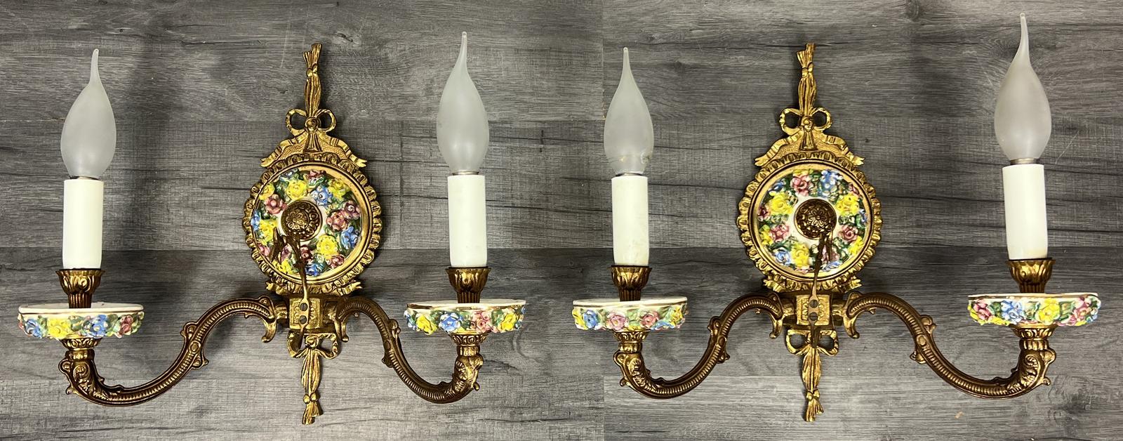 Pair of Wall Lights Vintage Spanish Porcelain Brass Floral Sconces (1 of 14)