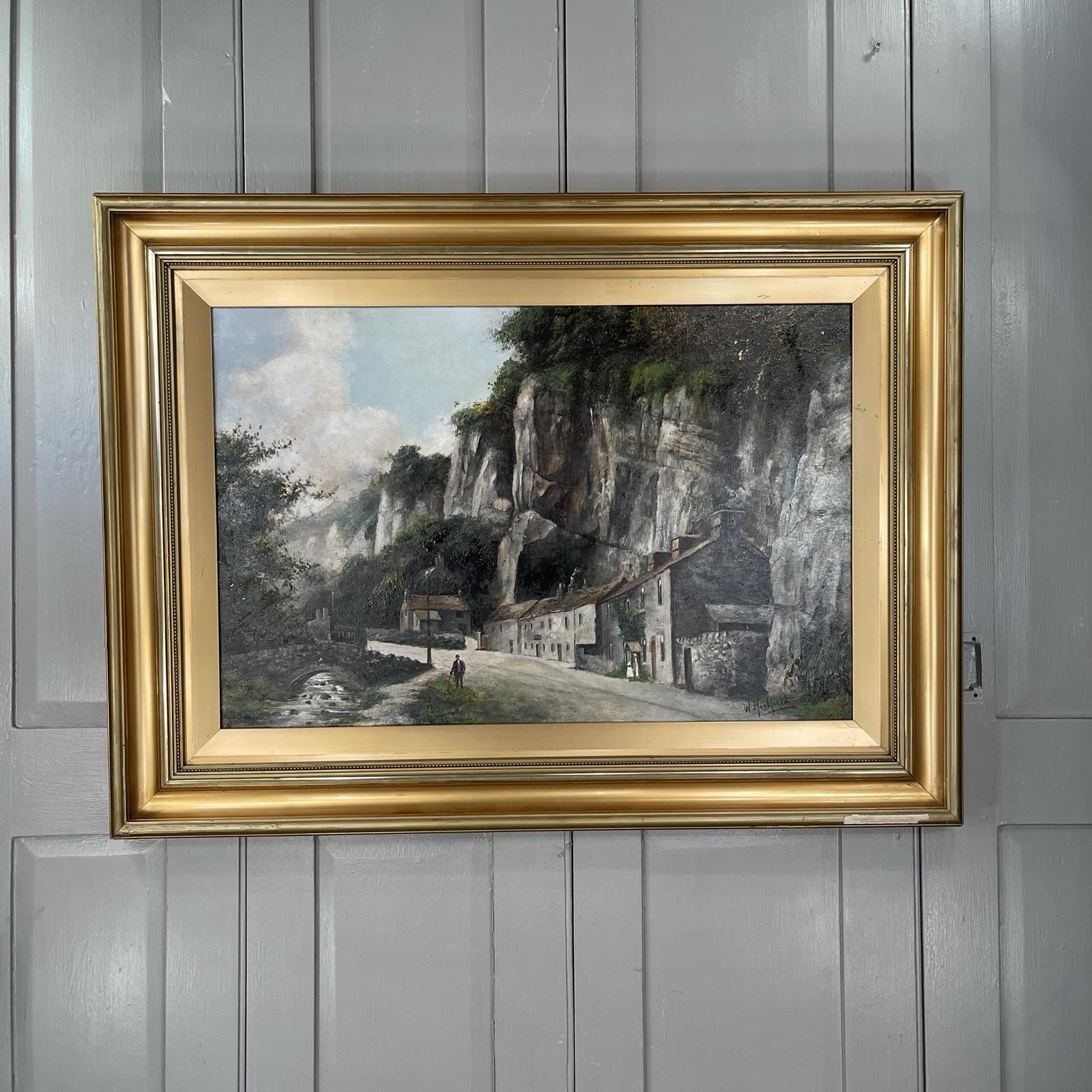 Antique Landscape Oil Painting of Lovers Leap Middleton Dale Derbyshire by W Highfield (1 of 10)