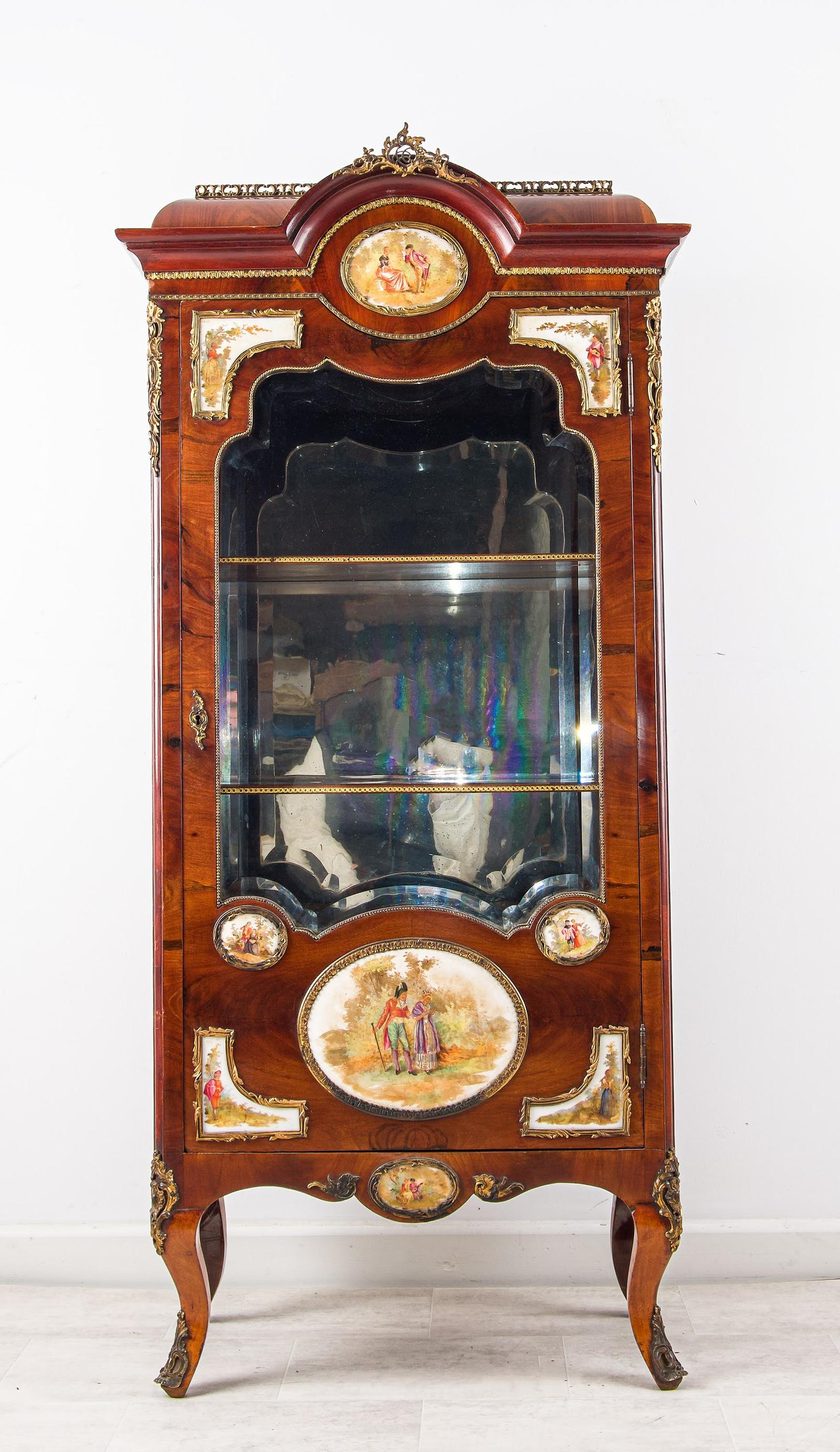 Antique French Walnut Vitrine Display Cabinet With Porcelain Plaques (1 of 5) Antique French Walnut Vitrine Display Cabinet With Porcelain Plaques (1 of 5)
