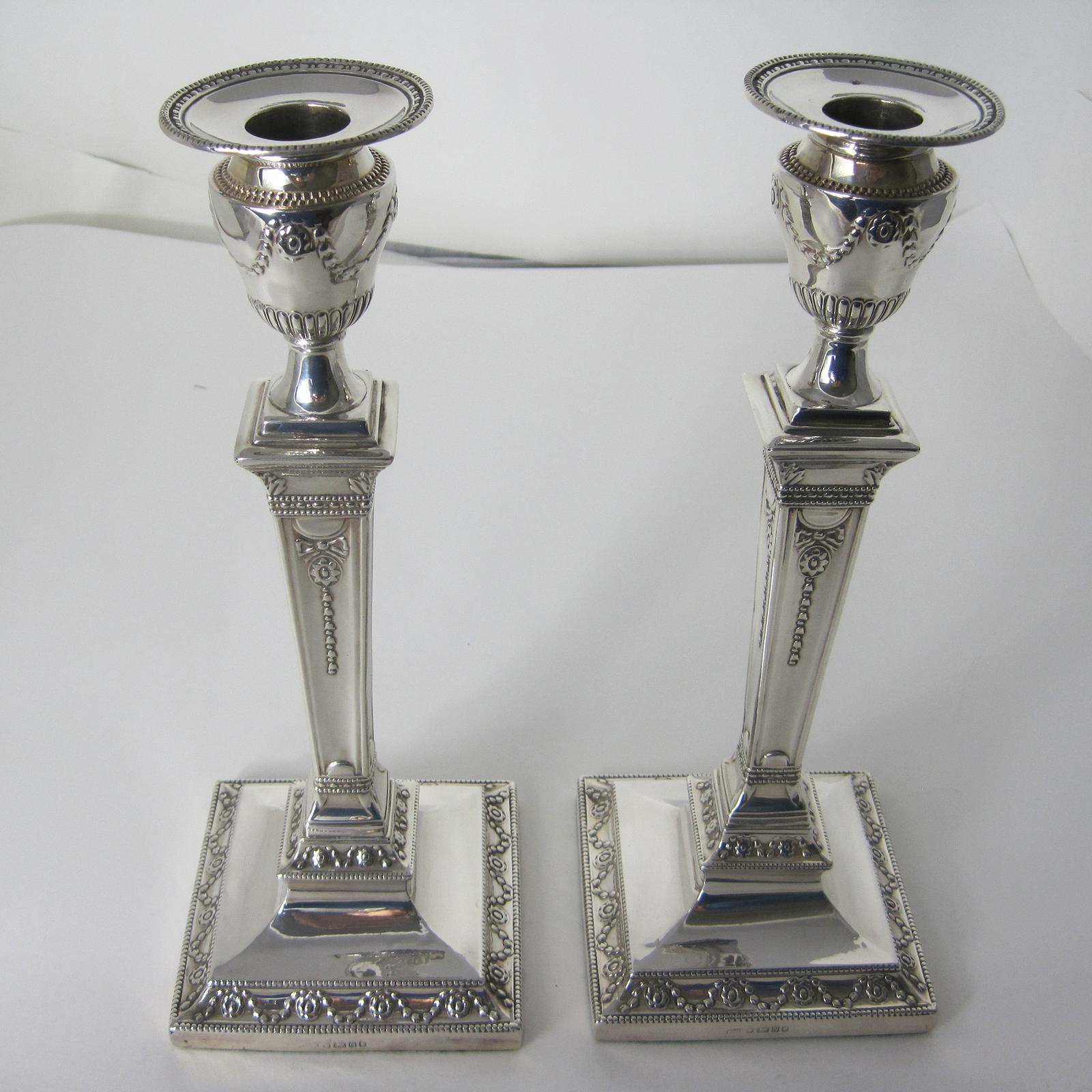 Attractive Pair of Victorian Silver Square Base Candlesticks (1 of 10)