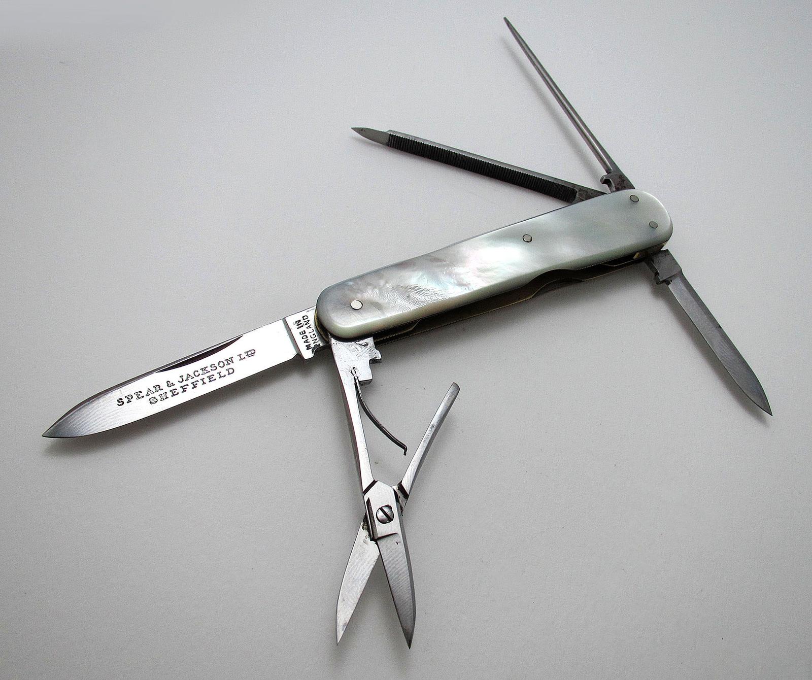 Quality Spear & Jackson Sheffield Antique Pocket Multi Tool Sportsman Folding Knife Penknife, Mother of Pearl, Carbon Steel c.1900 (1 of 7)