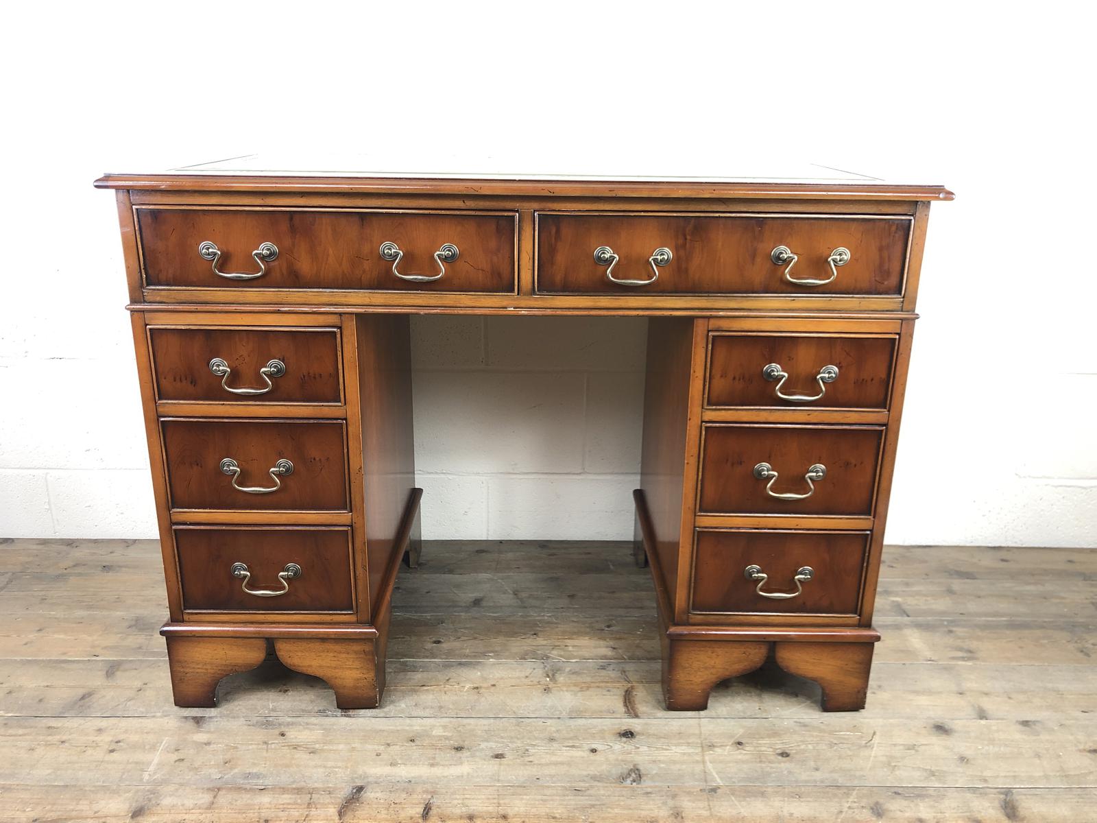 Late 20th Century Yew Wood Pedestal Kneehole Desk (1 of 14) Late 20th Century Yew Wood Pedestal Kneehole Desk (1 of 14)