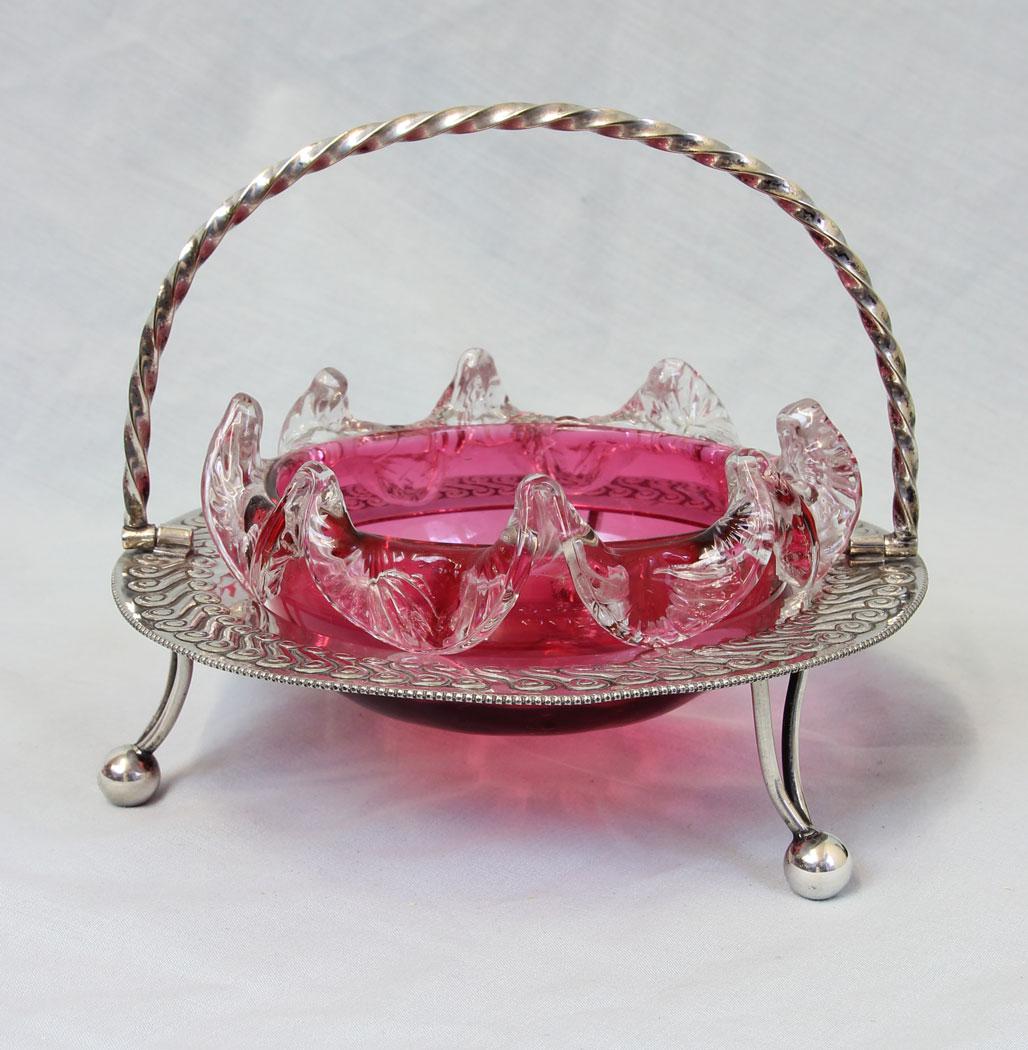 Antique Cranberry Glass Preserve Dish Silver Plated Stand (1 of 9)