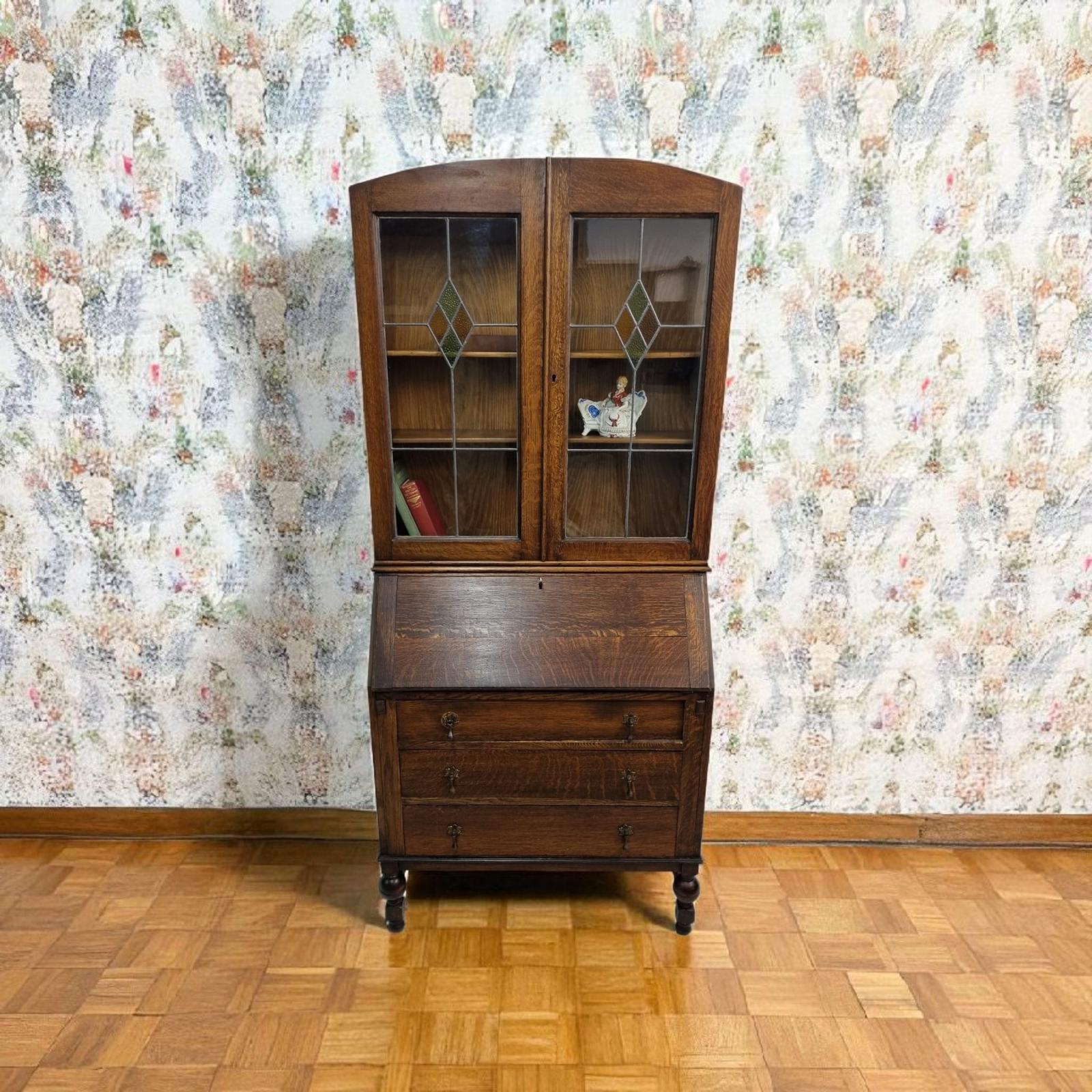 Antique Oak Bureau Bookcase / Leaded Glass Display Cabinet / Early 20th Century (1 of 9)