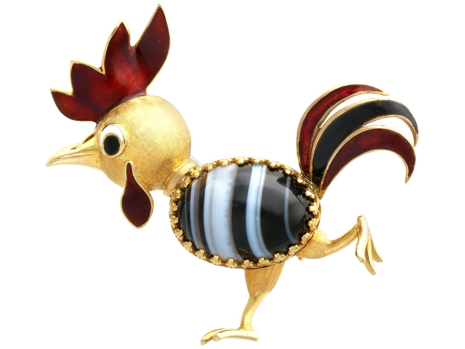 11.19ct Banded Agate, Enamel & 18ct Yellow Gold Cockerel Brooch (1 of 10)