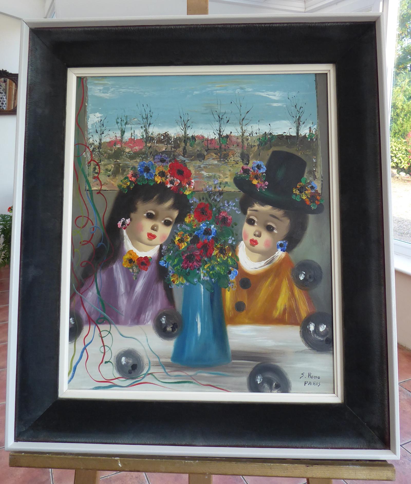 Large Oil Two Children Listed Artist S Reno 1960s (1 of 16)