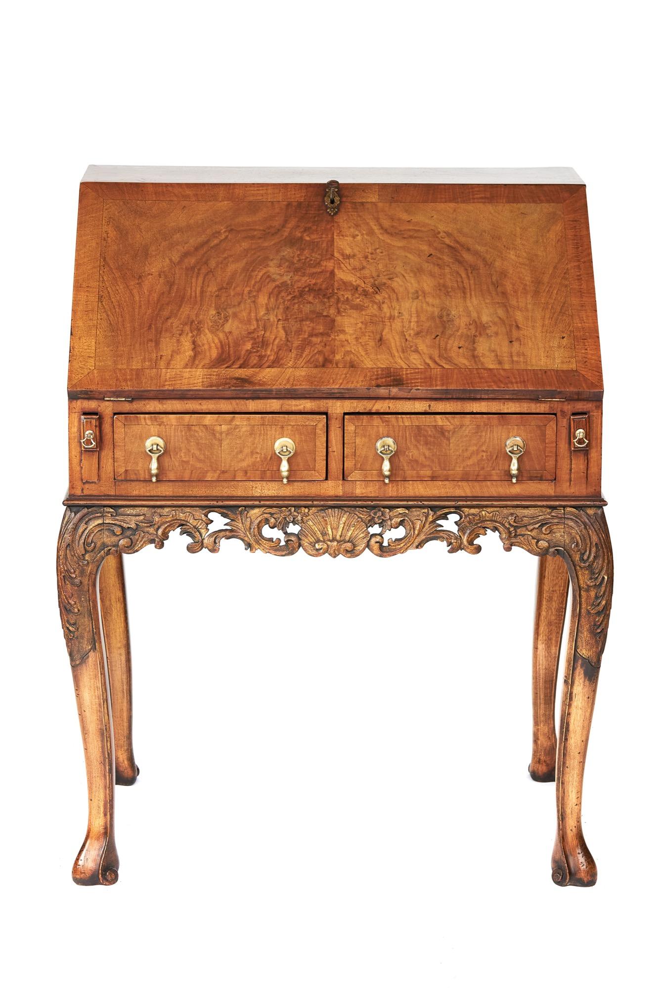 Queen Anne Revival Walnut & Gilt Carved Bureau on Stand c.1900 (1 of 10)