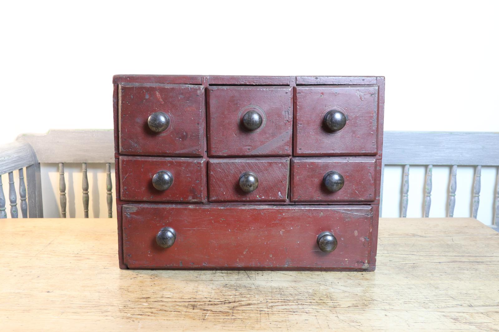 19th Century Table Top Pine Bank of Drawers in Iron Red Paint with Ebonised Turned Handles (1 of 17)