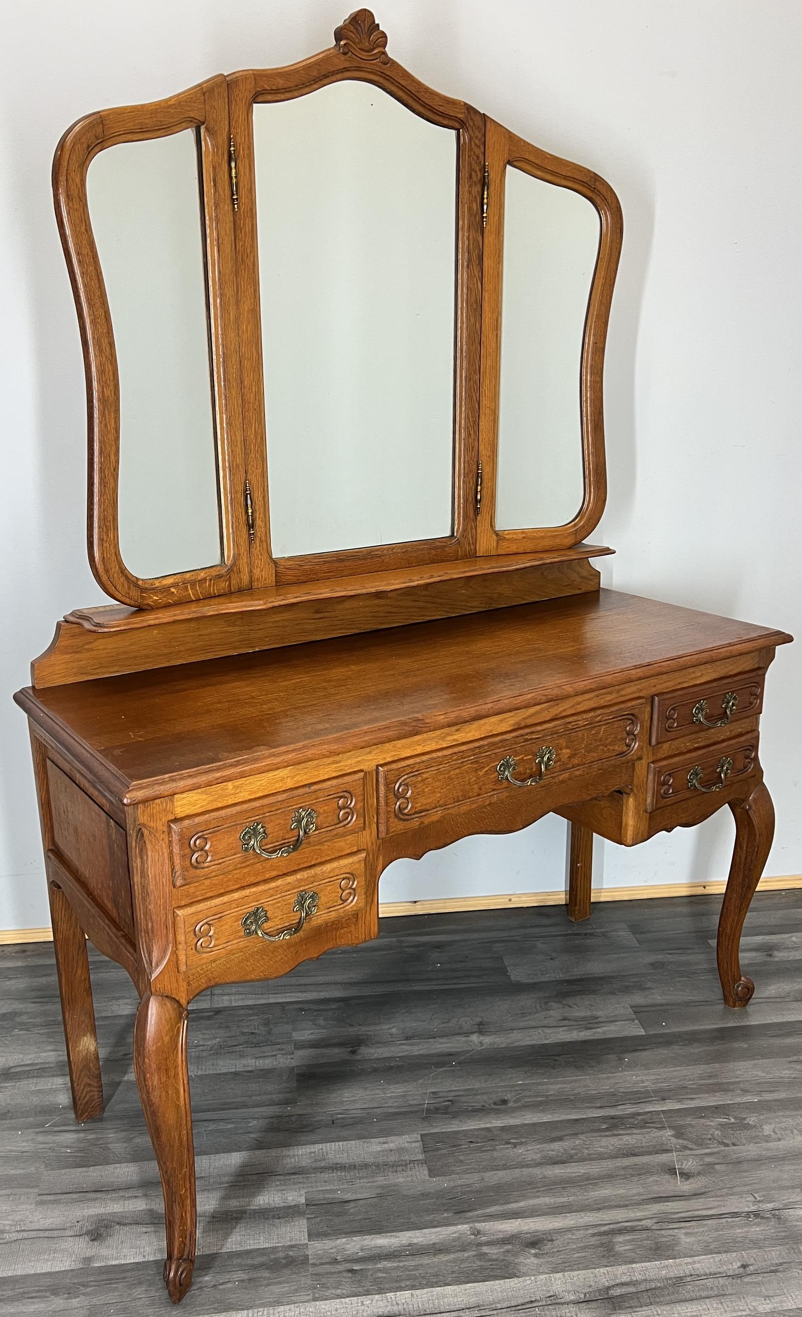 Vintage Dressing Table with Mirror French Oak Vanity Table Makeup (1 of 14)