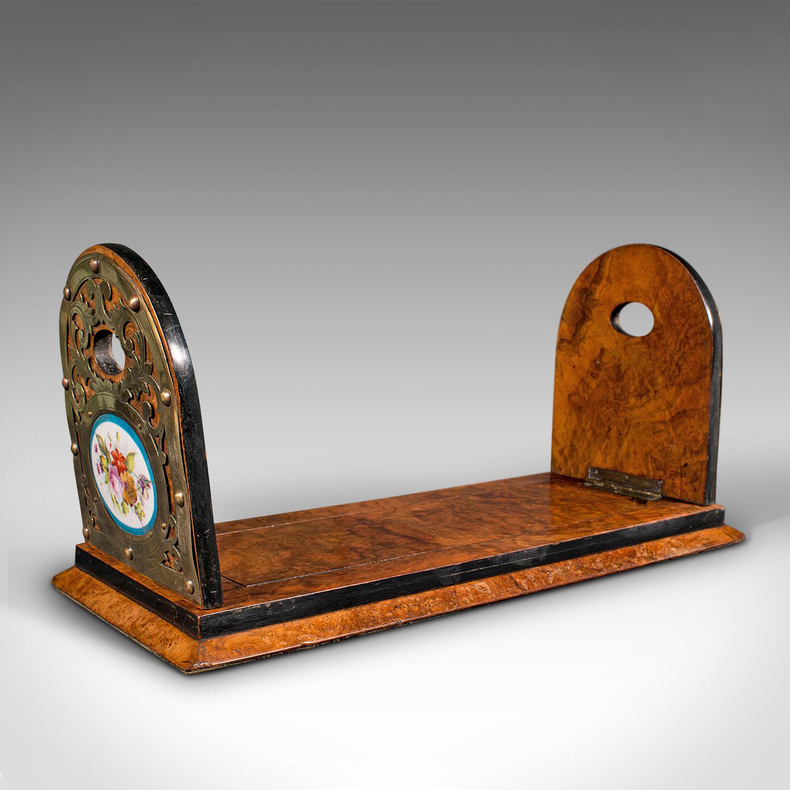 Antique Extending Book Slide, French Burr Walnut, Brass, Library Rack, Victorian (1 of 10)