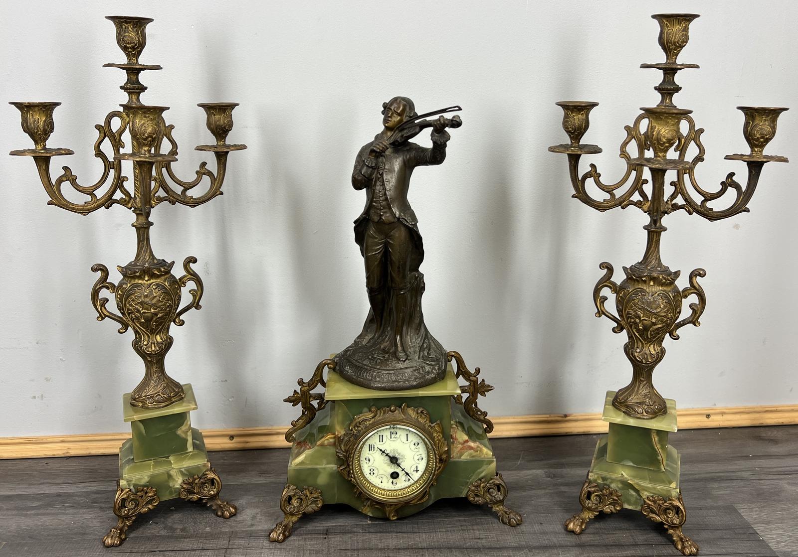 Clock Set Vintage French Onyx Brass Mantel Clock with 4-arm Candelabras (1 of 20)