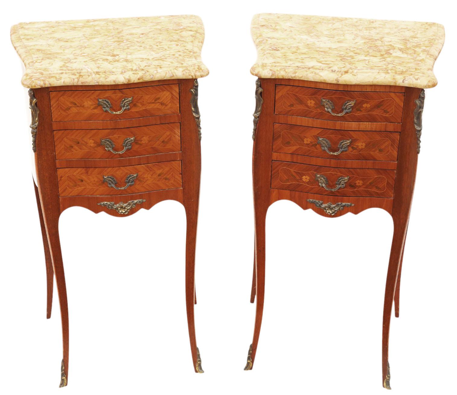 Antique Pair Marquetry Bedside Tables with Marble Tops – Quality Nightstands, Early 20th Century (1 of 7)