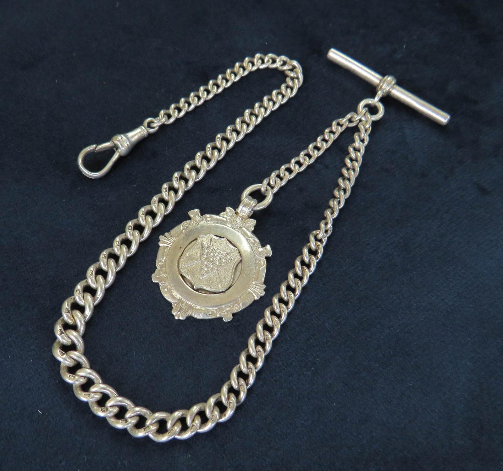 Pocket Watch : Antique Silver Watch Chain and Snooker Fob (1 of 3)