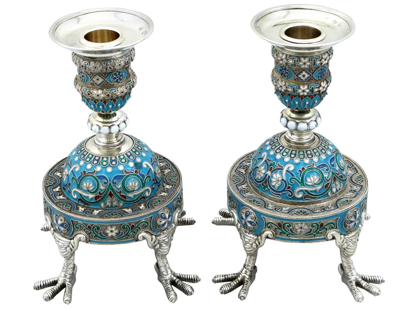 Russian Silver & Polychrome Cloisonné Enamel Candlesticks - Antique 1891 (1 of 15)