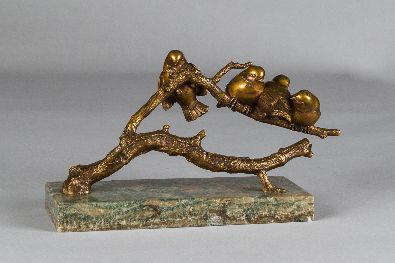 French Art Deco Gilded Bronze Sculpture of Birds Resting on Branch - Signed Marec (1 of 11)