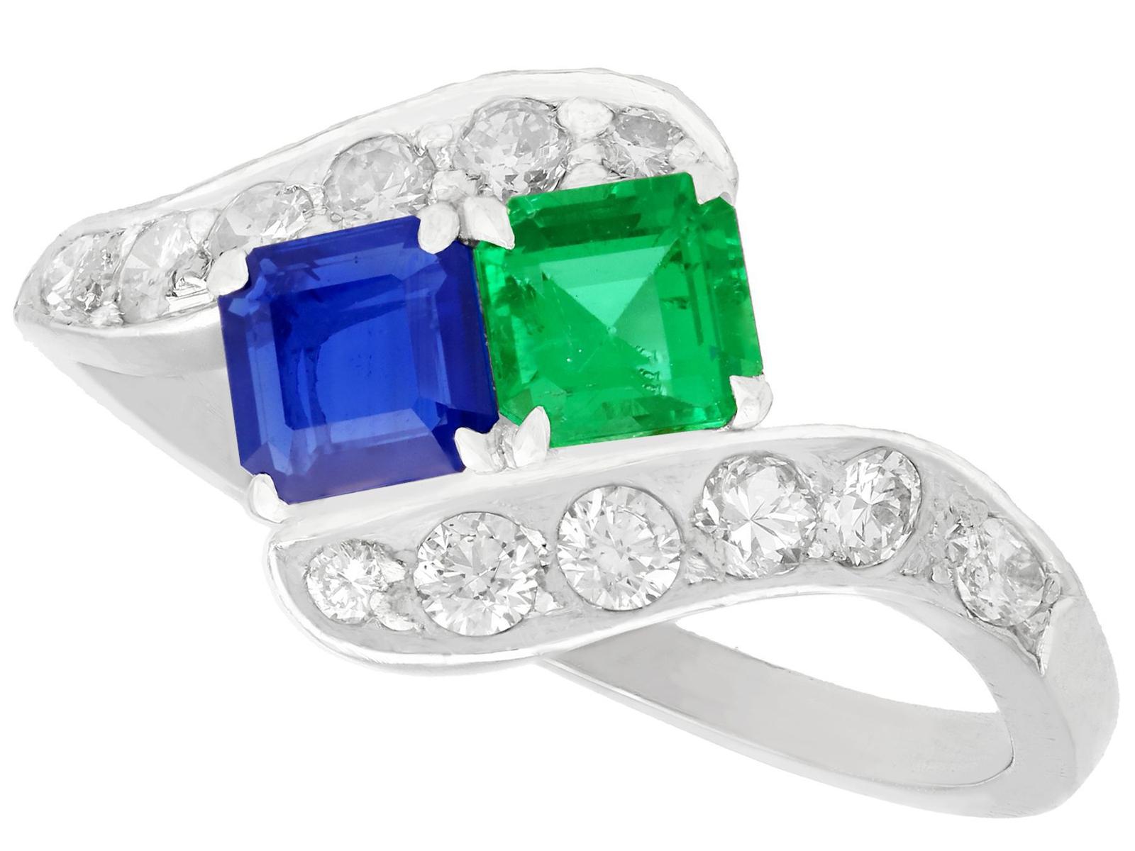 0.47ct Sapphire & 0.50ct Emerald, 0.77ct Diamond & Platinum Twist Ring c.1950 (1 of 11)
