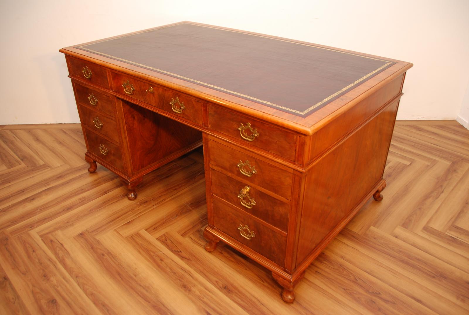 Large Antique Burr Walnut Twin Pedestal Leather Top Writing Desk (1 of 15)