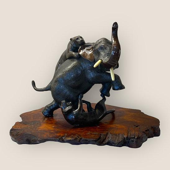 Japanese Meiji Animal Bronze Sculpture Elephant & Tigers by Genryusai Seiya (1 of 8)