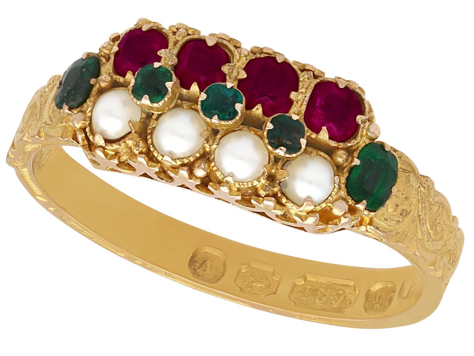 Victorian Pearl and 0.13ct Emerald, 0.20ct Amethyst and 15ct Yellow Gold Dress Ring (1 of 9)