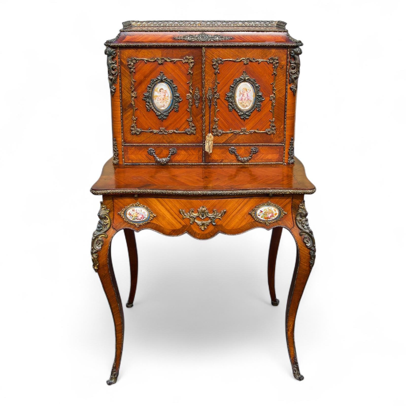 Antique French Kingwood Side Cabinet / Desk with Porcelain Plaques (1 of 7)