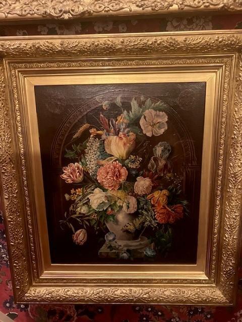 Oil on Canvas Still Life Mixed Flowers in Vase with Butterflies & Insects Early 20th Century (1 of 1)
