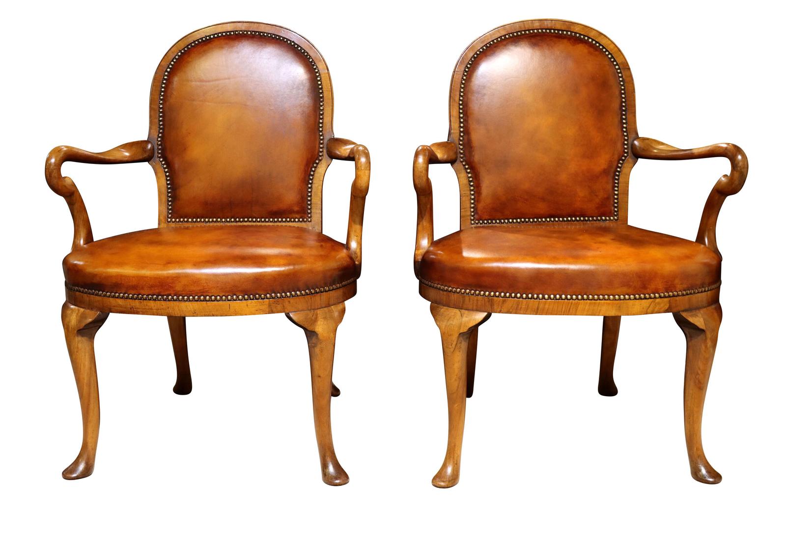Pair of Walnut Framed Leather Upholstered Armchairs c.1900 (1 of 7) Pair of Walnut Framed Leather Upholstered Armchairs c.1900 (1 of 7)