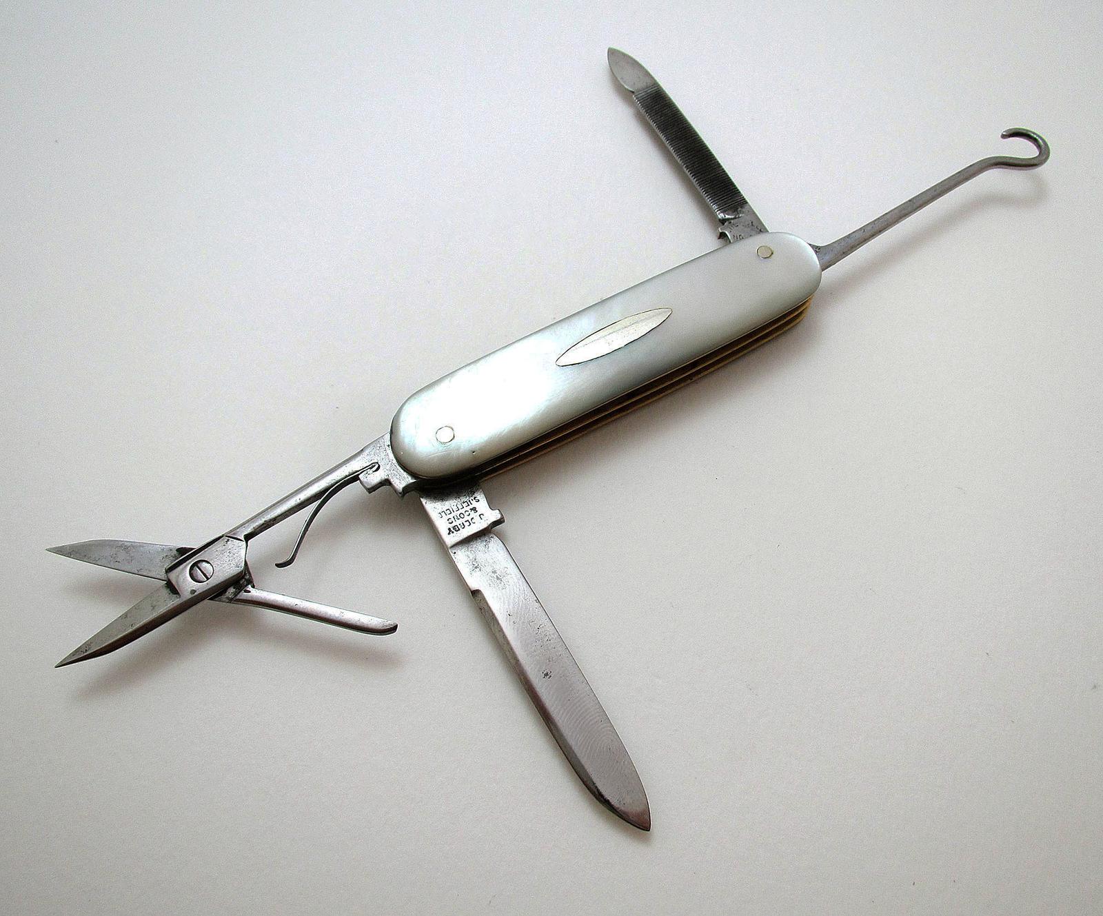 John Derby & Sons Sheffield Victorian Antique Mother of Pearl Carbon Steel Multi Tool Folding Knife Pocket Penknife (1 of 8)