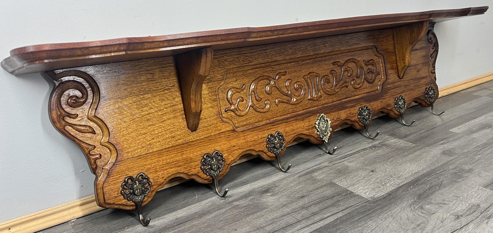 French Vintage Coat Rack Oak 7 Hooks Wall Shelf Carved Coat Hanger (1 of 9)