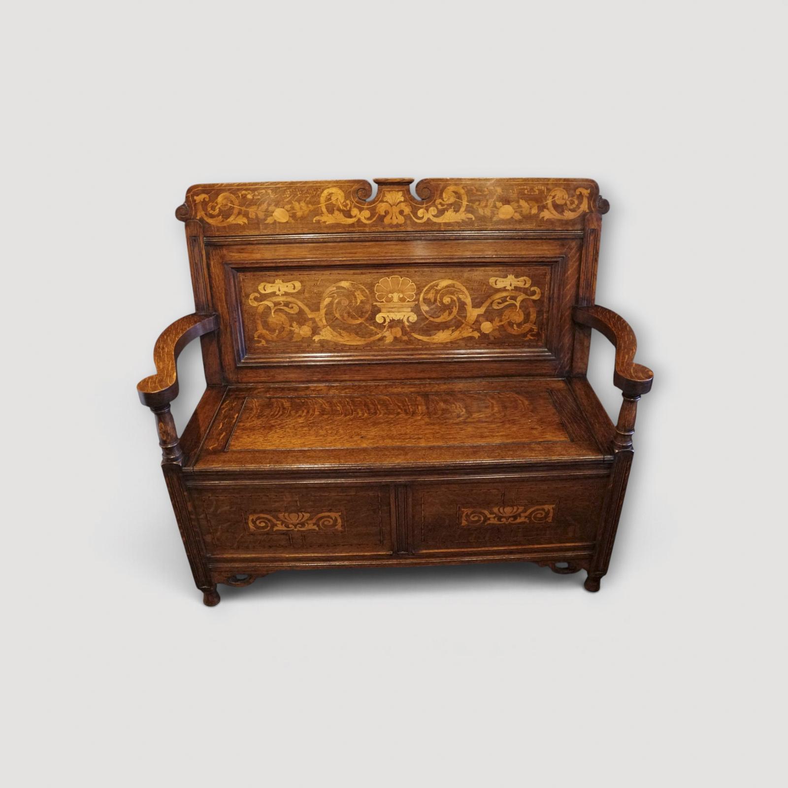 Art Nouveau Inlaid Oak Settle (1 of 8) Art Nouveau Inlaid Oak Settle (1 of 8)