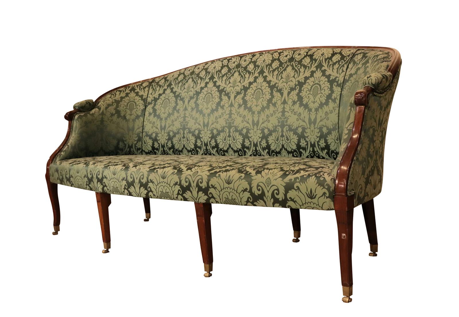 Elegant George III Mahogany Framed Salon Sofa in Green Damask Upholstery (1 of 5)