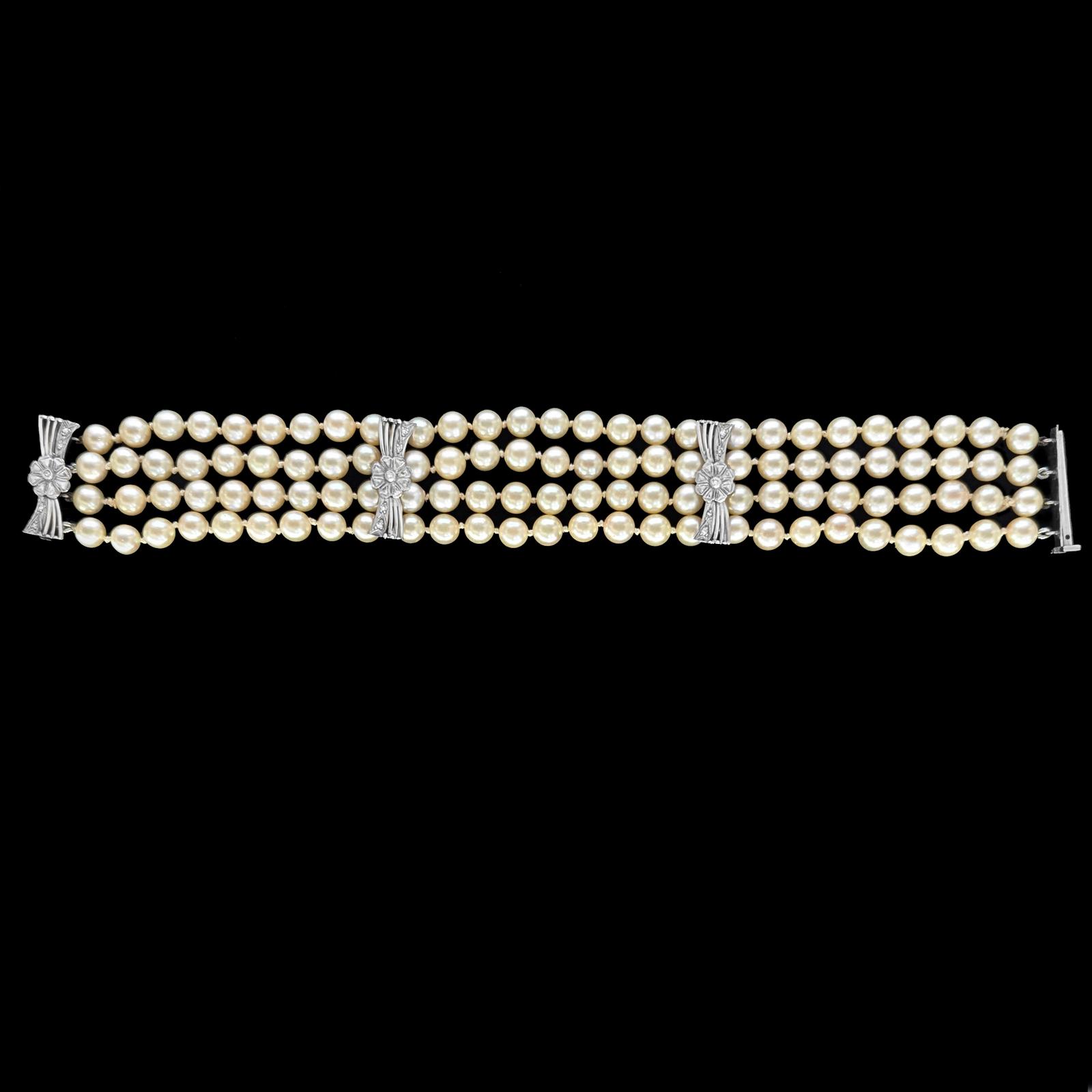 1950s Four Strand Pearl Bracelet with Diamond Set 15ct White Gold Bows Vintage Cultured Pearls (1 of 8) 1950s Four Strand Pearl Bracelet with Diamond Set 15ct White Gold Bows Vintage Cultured Pearls (1 of 8)