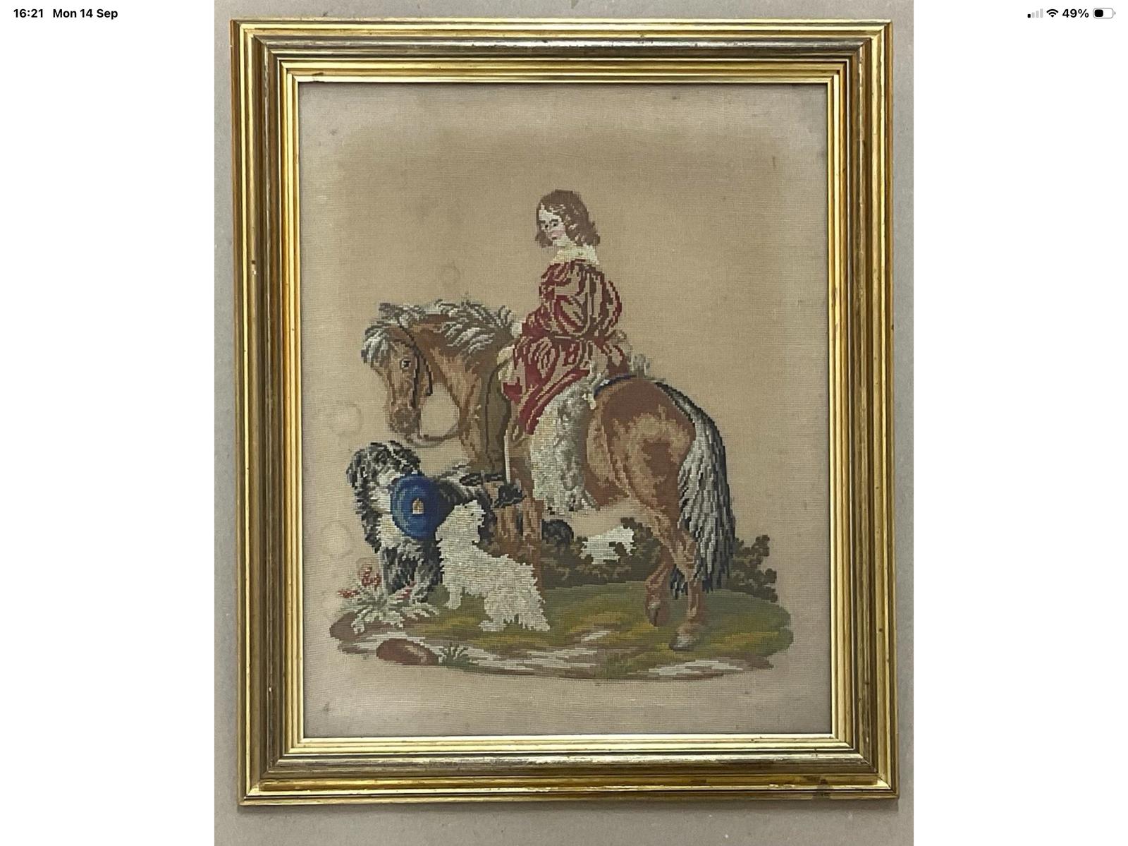 Victorian Tapestry of Man on Horse with Dogs in Giltwood Frame Antique c.1880 (1 of 4) Victorian Tapestry of Man on Horse with Dogs in Giltwood Frame Antique c.1880 (1 of 4)