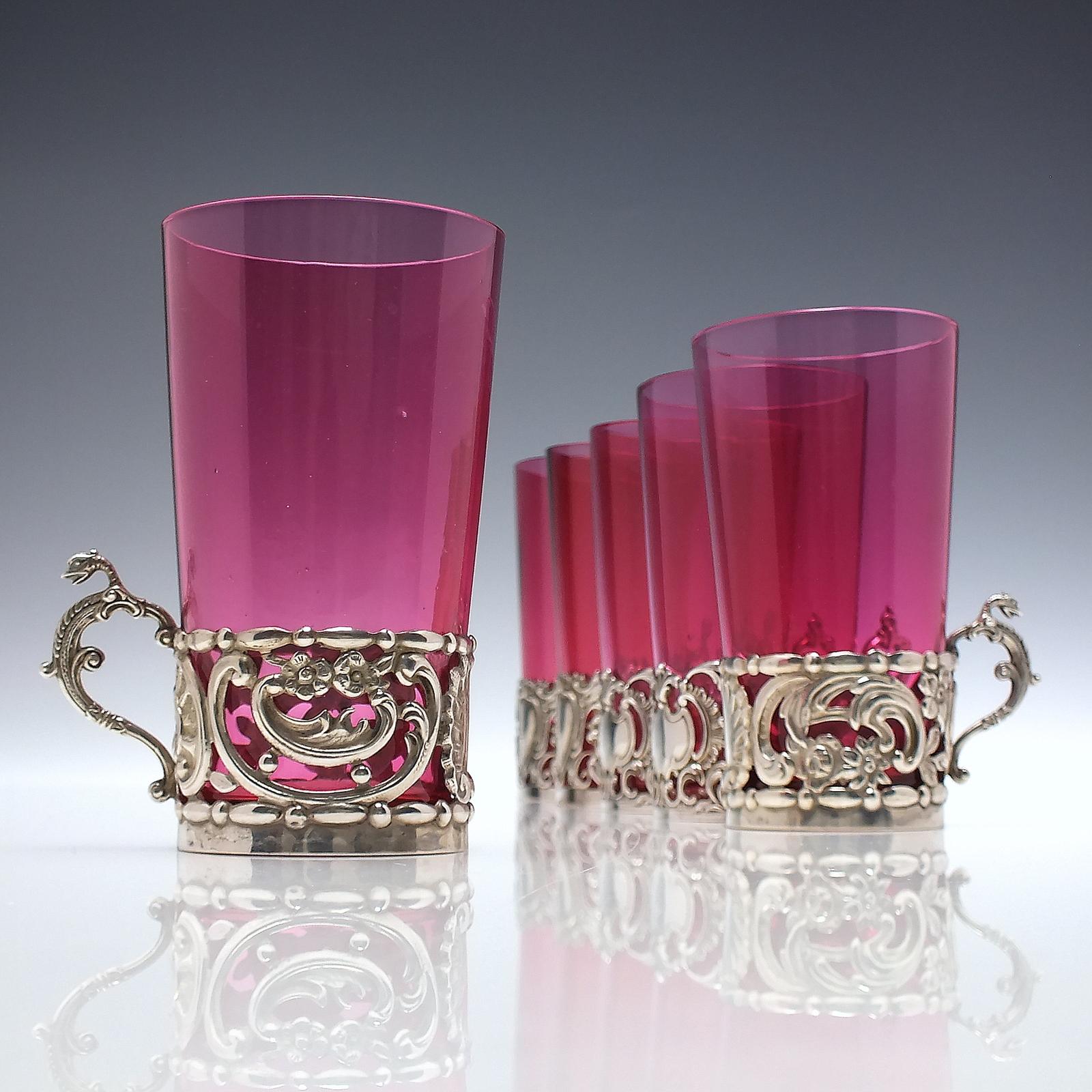 Six Cranberry Tea Glass Tumblers in Silver Plated Holders c.1910 (1 of 13)