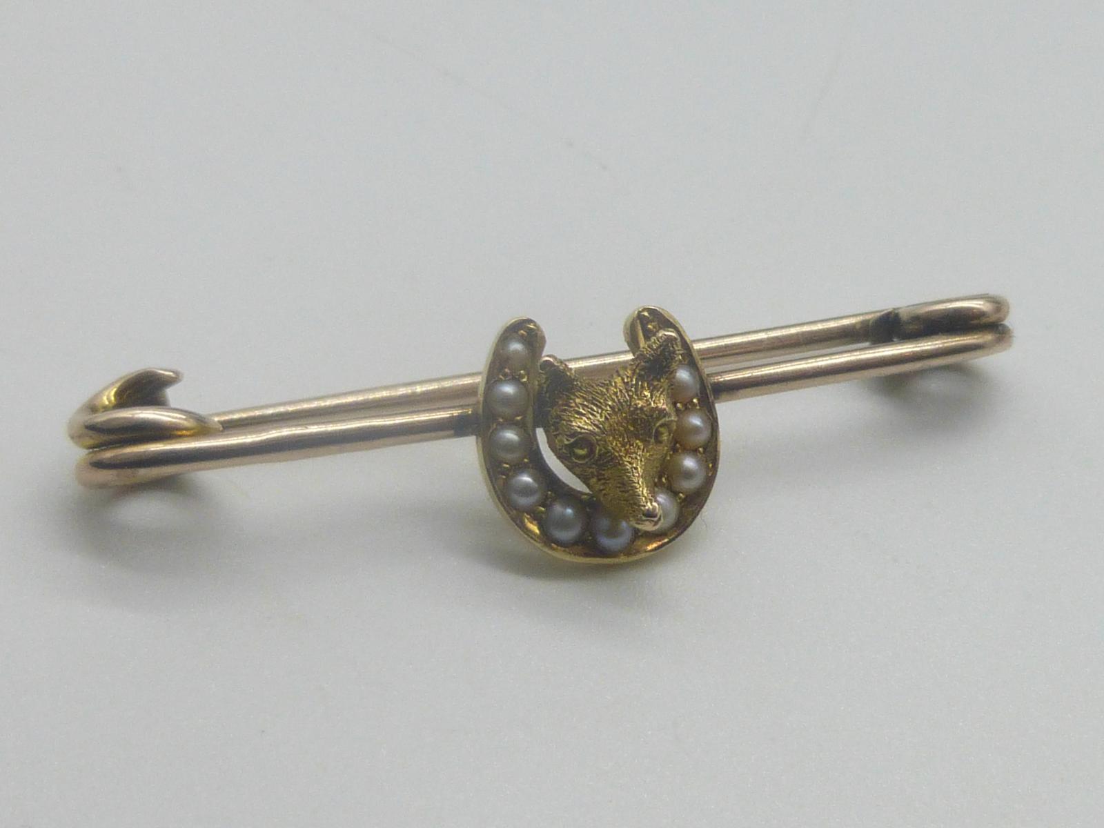 Edwardian 9ct Gold & Seed Pearl Foxhead Brooch / Stockpin (1 of 7)