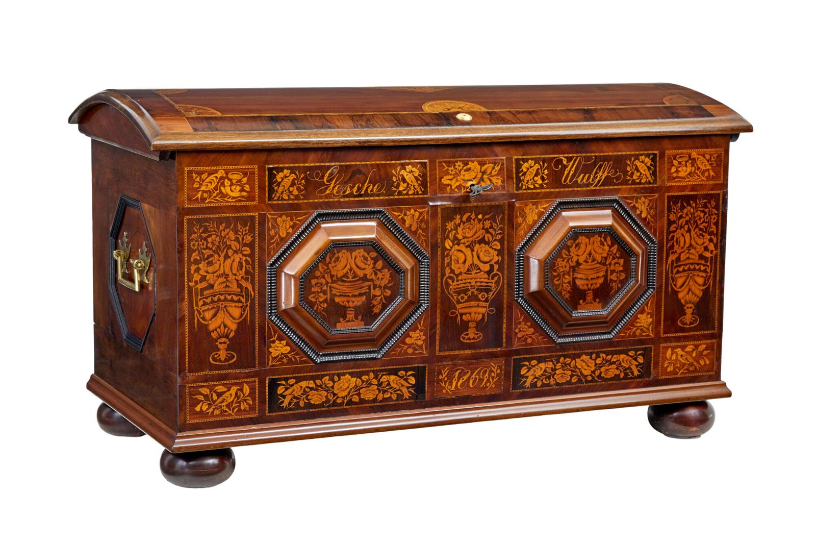 Mid 19th Century Profusely Inlaid Continental Walnut Dome Coffer (1 of 11)