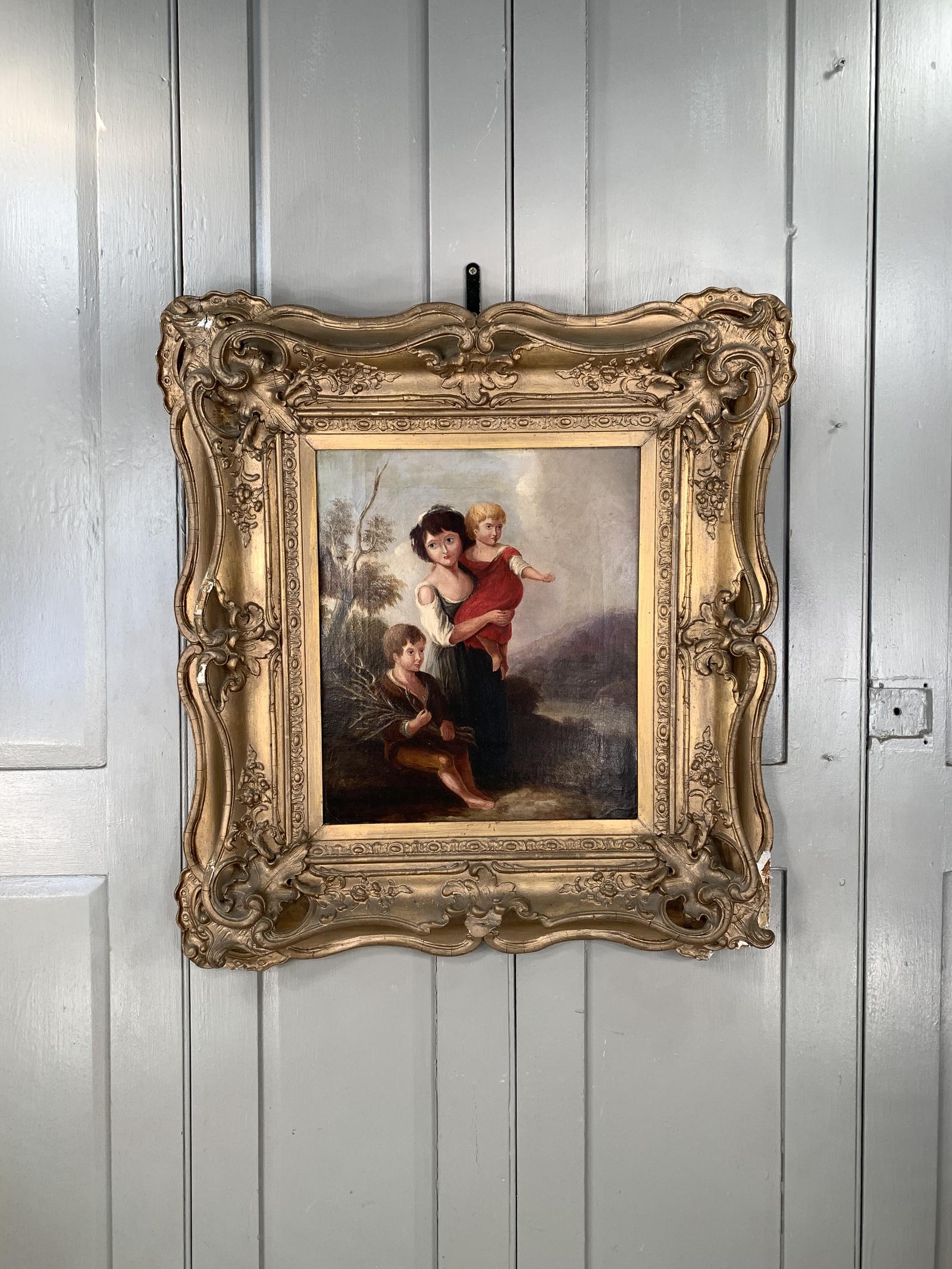 Antique Georgian early Victorian oil painting portrait of children in gesso frame (1 of 9)