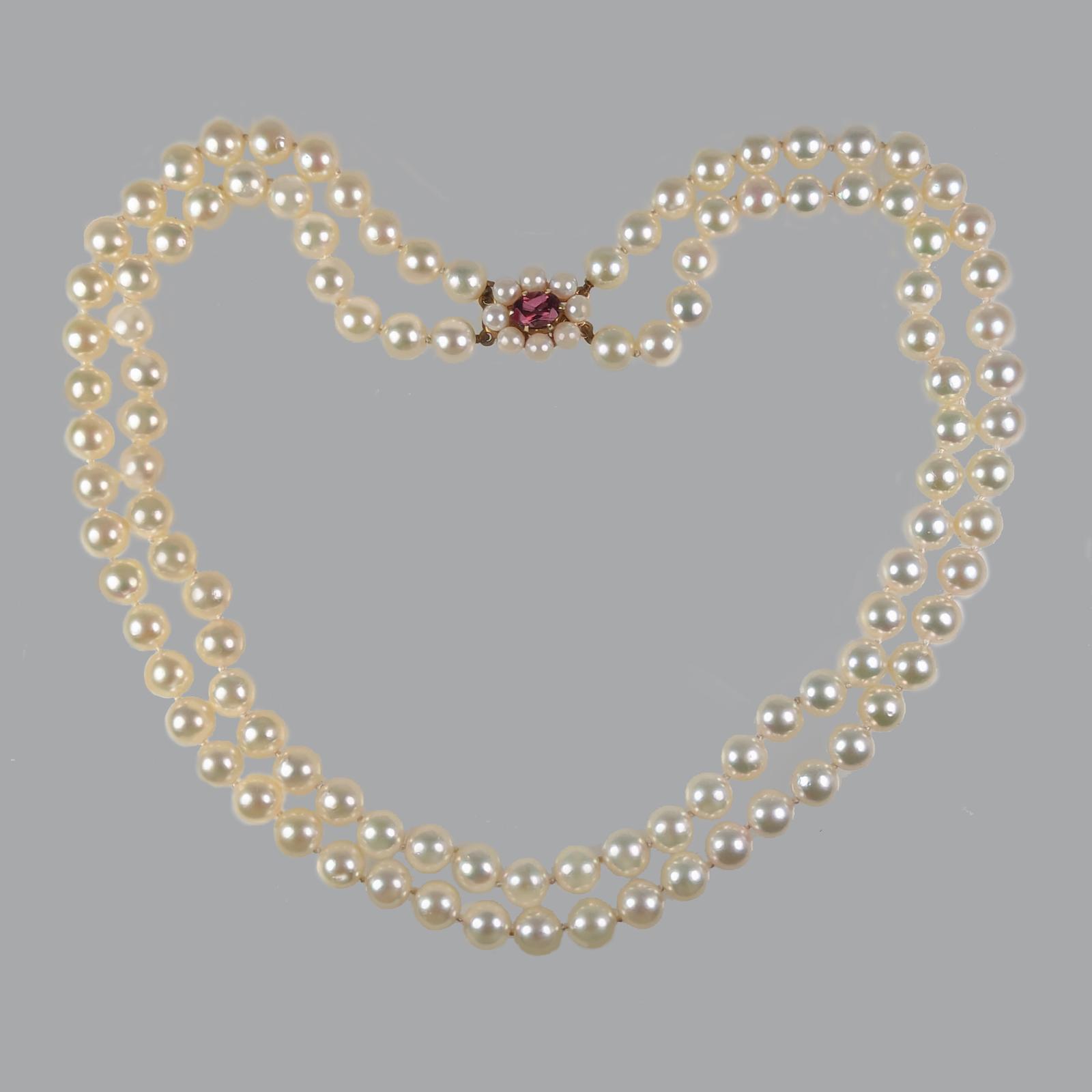 Vintage Two Strand Pearl Necklace 9ct Gold Garnet Floral Clasp Birmingham 1987 Hallmark (1 of 9)
