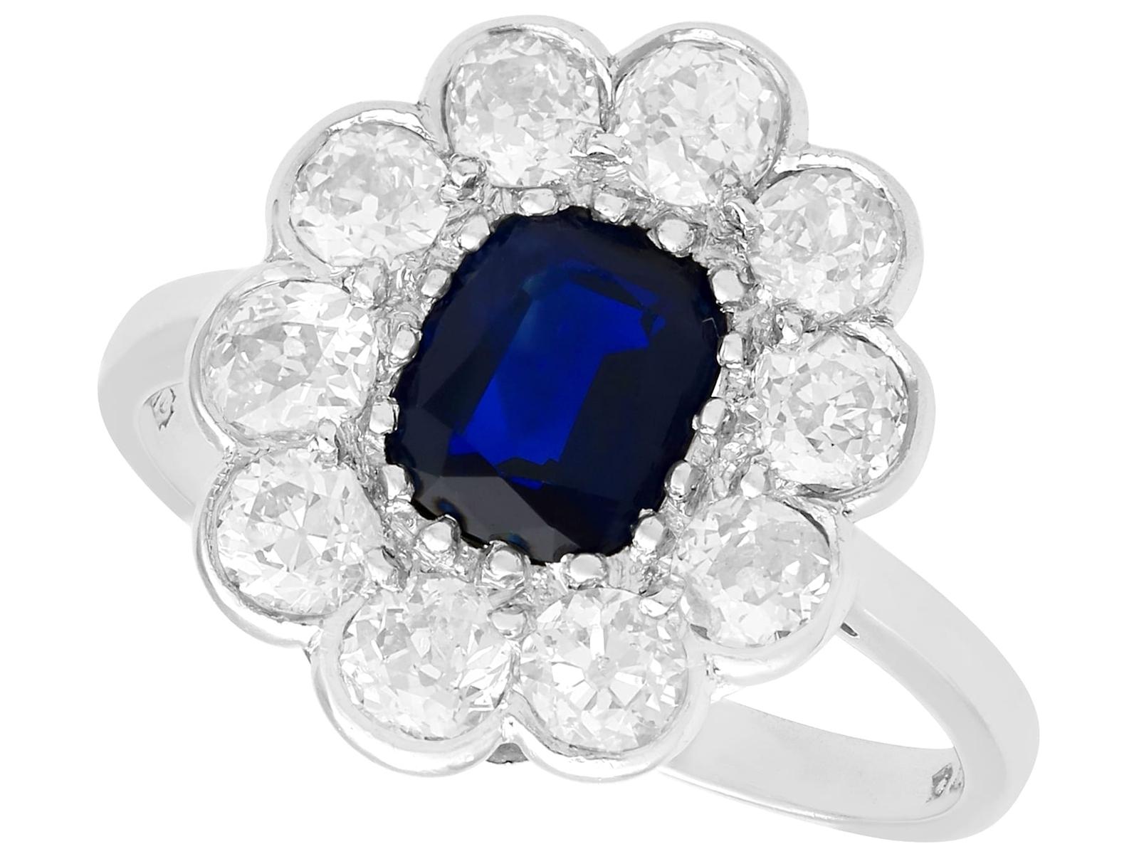 Antique 1.07ct Sapphire & 1.54ct Diamond, Platinum Cluster Ring c.1920 (1 of 9)