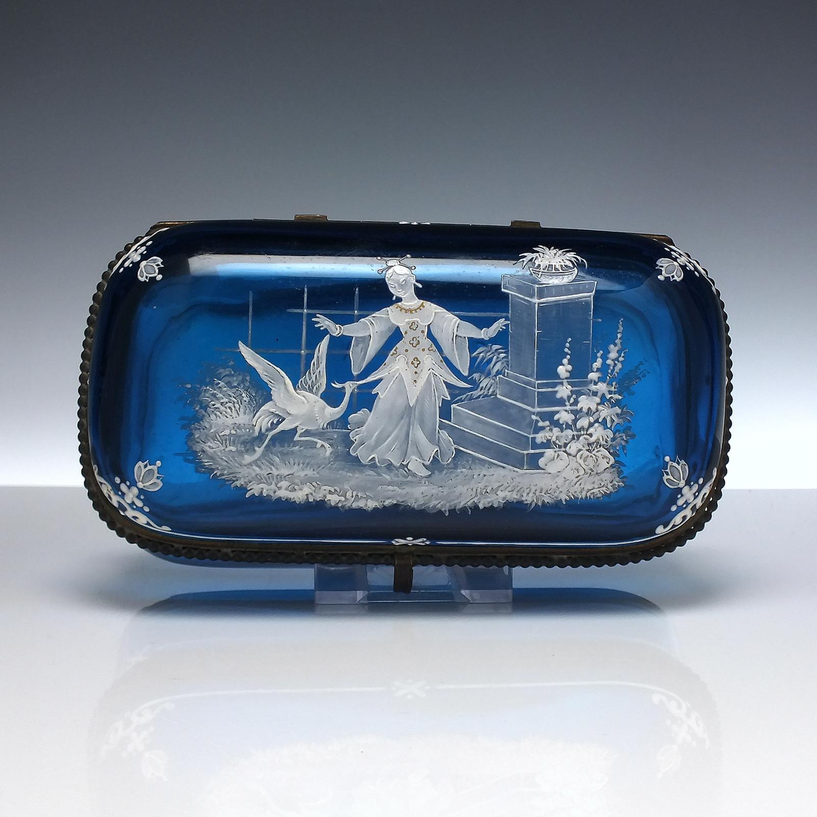 Victorian Enamelled Blue Glass Jewellery Box or Casket c.1870 (1 of 9)