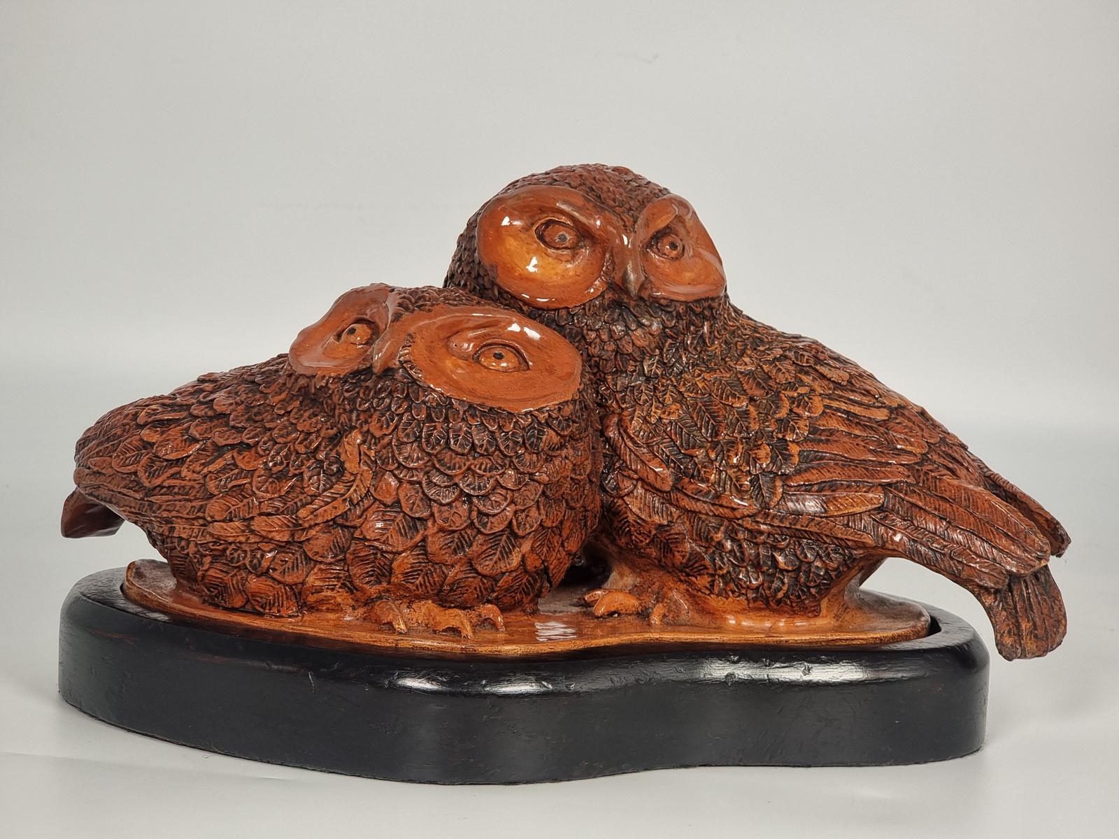 Large Sculpture in Glazed Pottery Pair of Young Owls (1 of 14)