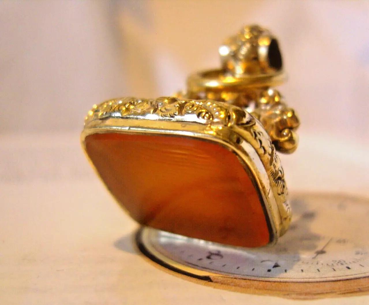 Victorian Pocket Watch Chain Fob Gilt & Carnelian Glass Antique Large 1890s Fob (1 of 12)