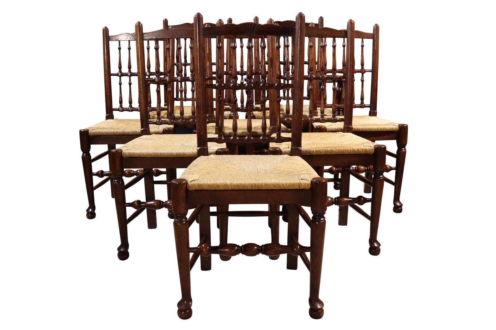 Set of 8 Oak Spindle Back Dining Chairs Including Two Carvers 20th Century (1 of 7)