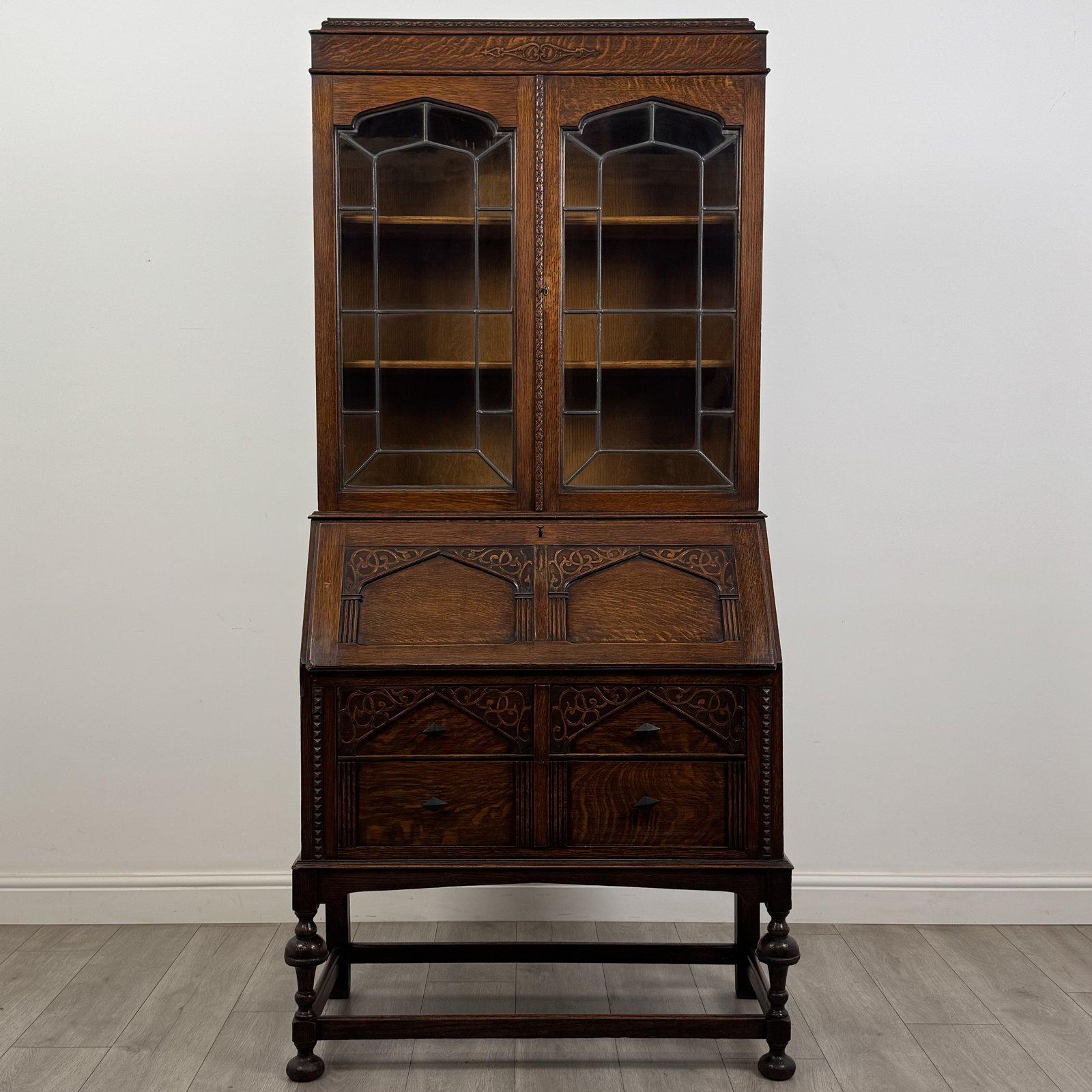 Antique Jacobean Style Oak Bureau Bookcase | Leaded Glass Doors | AF-6793 (1 of 14) Antique Jacobean Style Oak Bureau Bookcase | Leaded Glass Doors | AF-6793 (1 of 14)