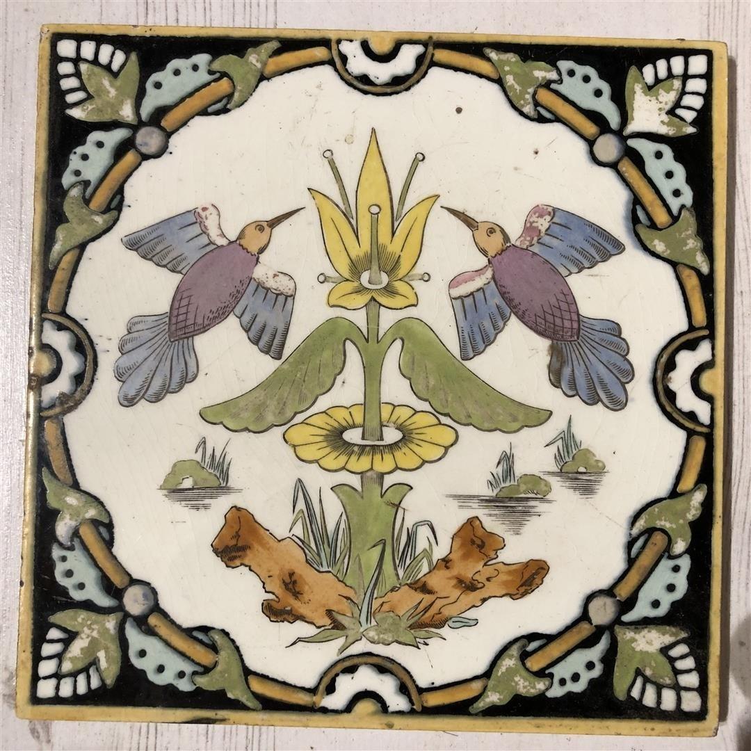 Three Rare Antique Minton Hollis Tiles with Oriental Bird Designs 19th Century (1 of 8)