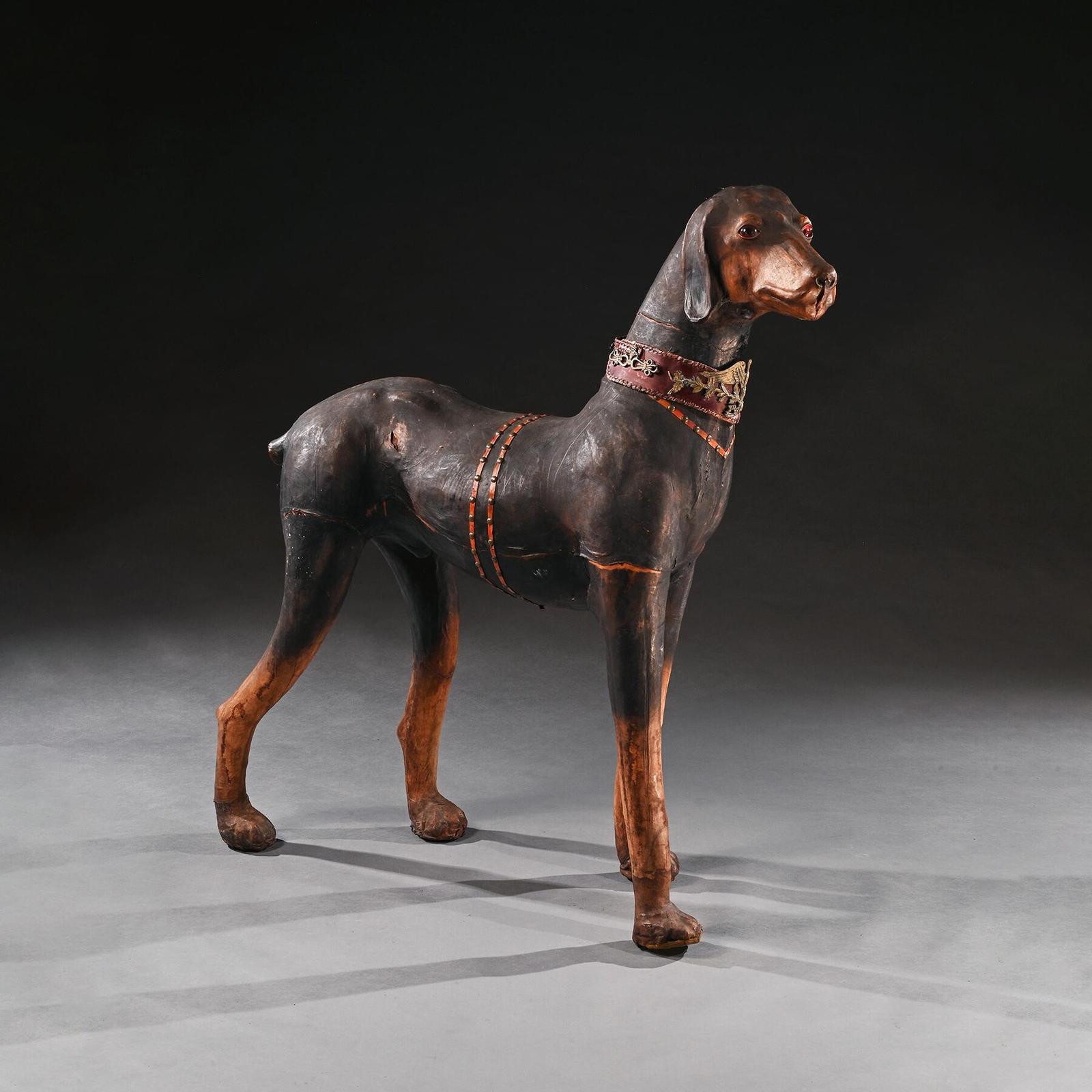 Extraordinary Huge French Leather Model of Doberman Pinscher Dog Wearing Elaborate Collar with Ormolu Mounts & Harnesses (1 of 8)