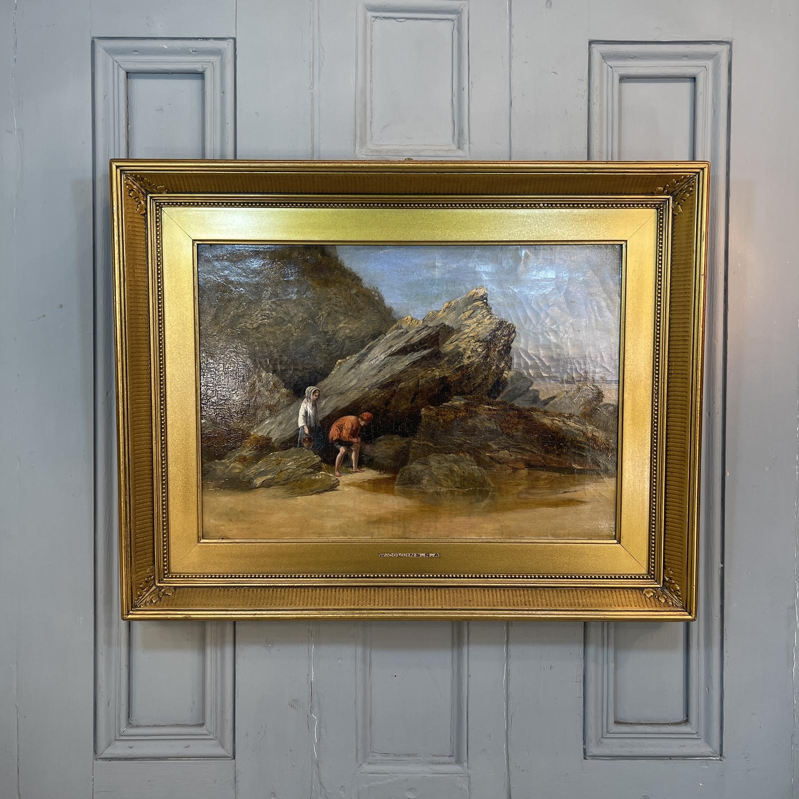 Antique Coastal Landscape Oil Painting of Children Crabbing Signed W Collins 1849 (1 of 11)
