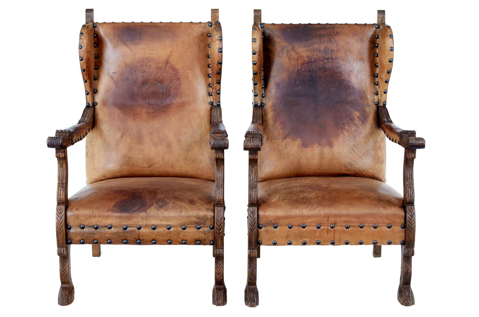 Pair of 19th Century Carved Oak & Leather Armchairs (1 of 9)