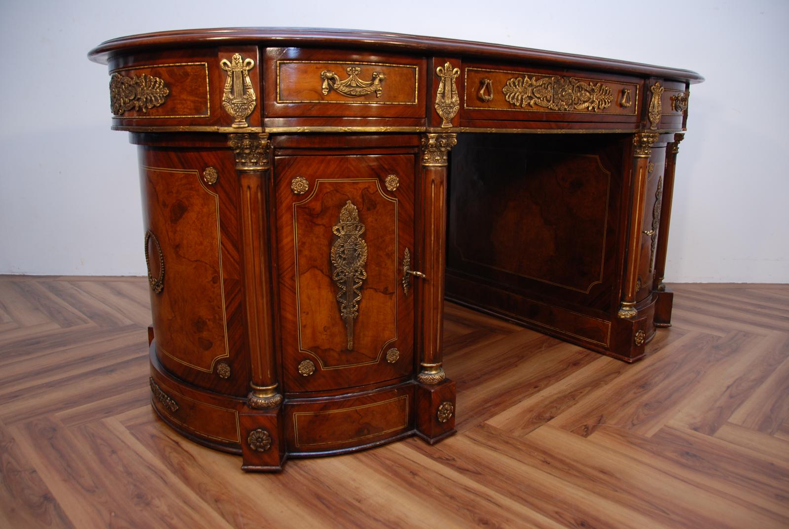 Antique French Empire Burr Walnut Ormolu Mounted Revival Pedestal Desk (1 of 14)