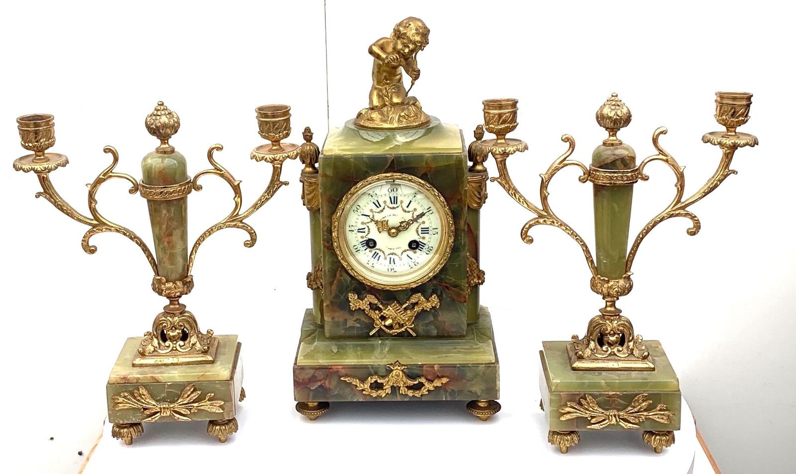 Incredible Antique 8 Day French Marble Mantel Clock Set with 2 Branch Candelabras (1 of 18)