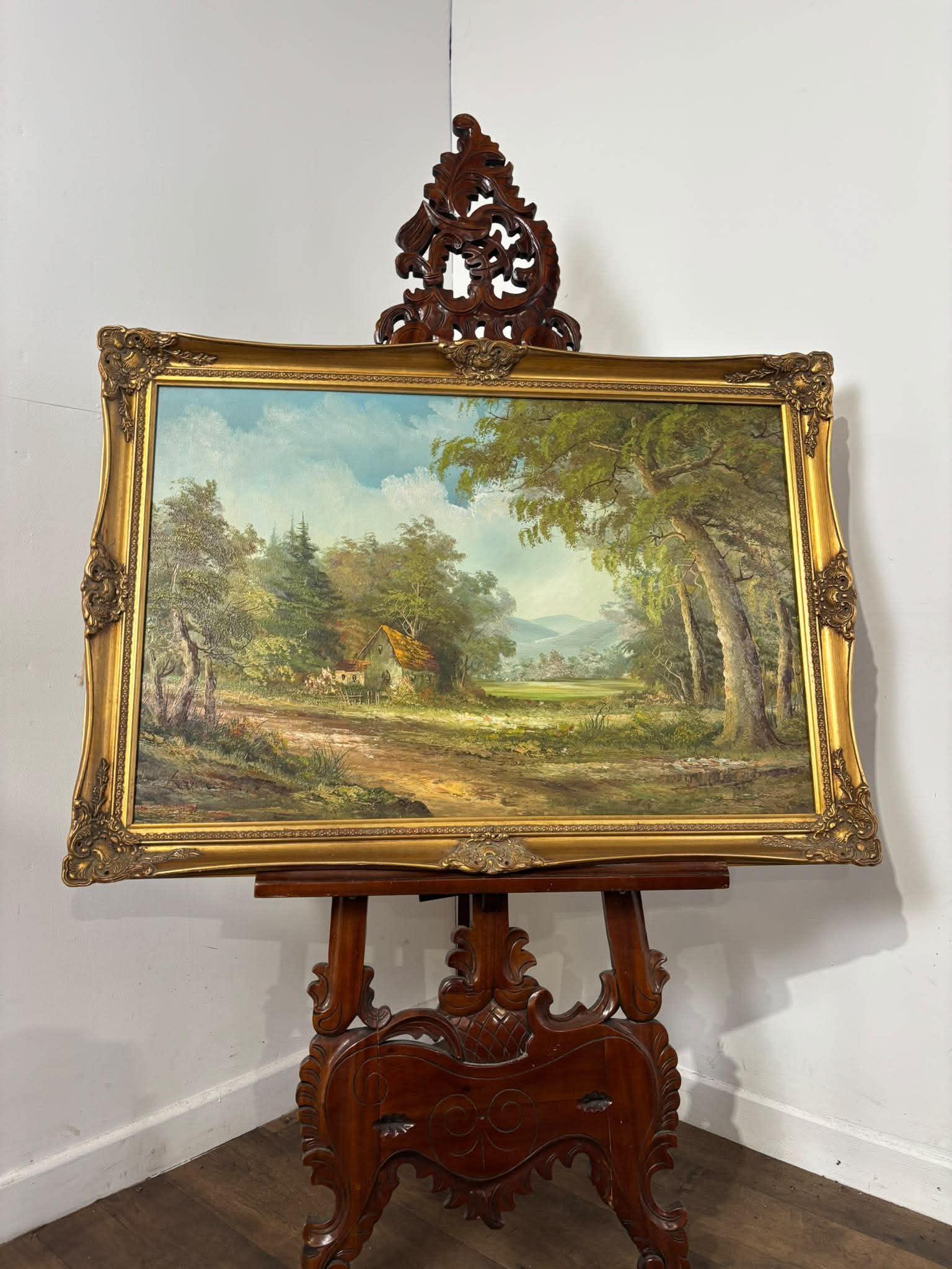 Large Signed Oil on Canvas – Woodland Cottage Landscape in Ornate Gilt Frame (1 of 12) Large Signed Oil on Canvas – Woodland Cottage Landscape in Ornate Gilt Frame (1 of 12)